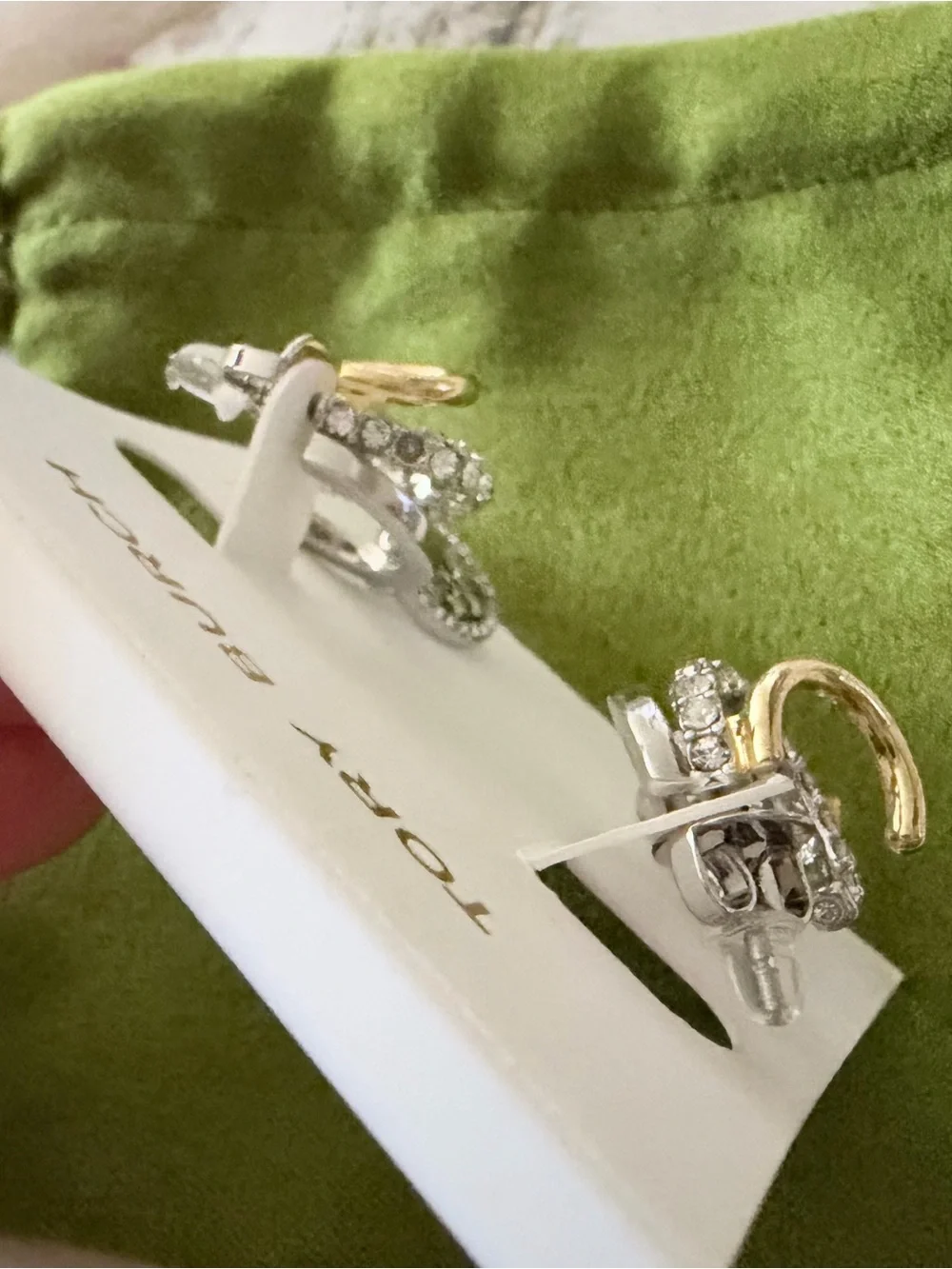 Tory Burch Three Layer Crystal Logo Drop Earrings